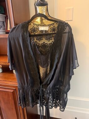 Areve Black Lace-Trim Sheer Blouse